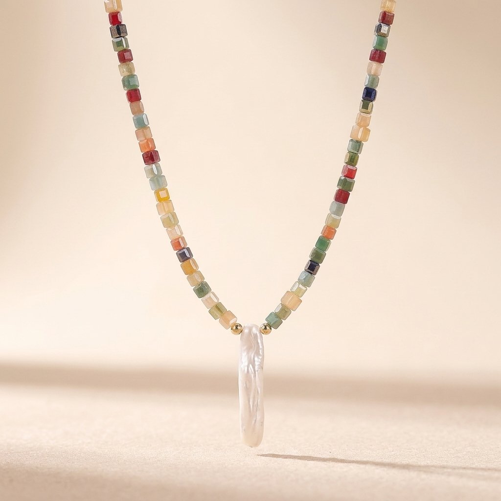 Colorful Natural Stone Square Beaded Necklace