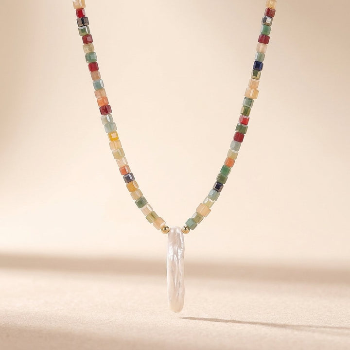 Colorful Natural Stone Square Beaded Necklace