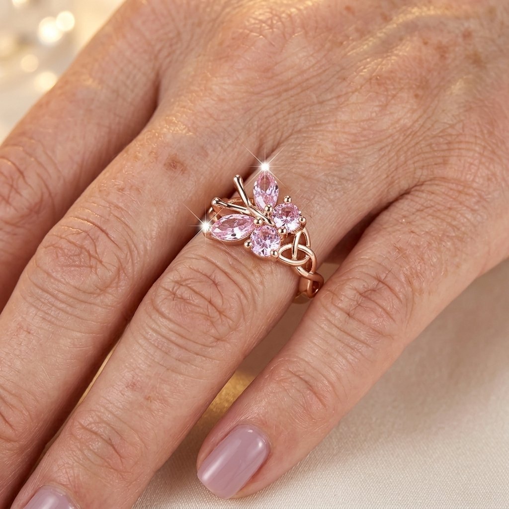 Rosé goudkleurige roze kristallen vlinderring