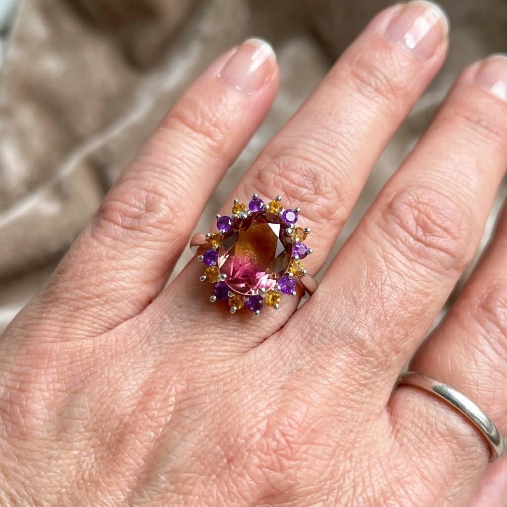 Tweekleurige paarse en gele kristallen statement ring