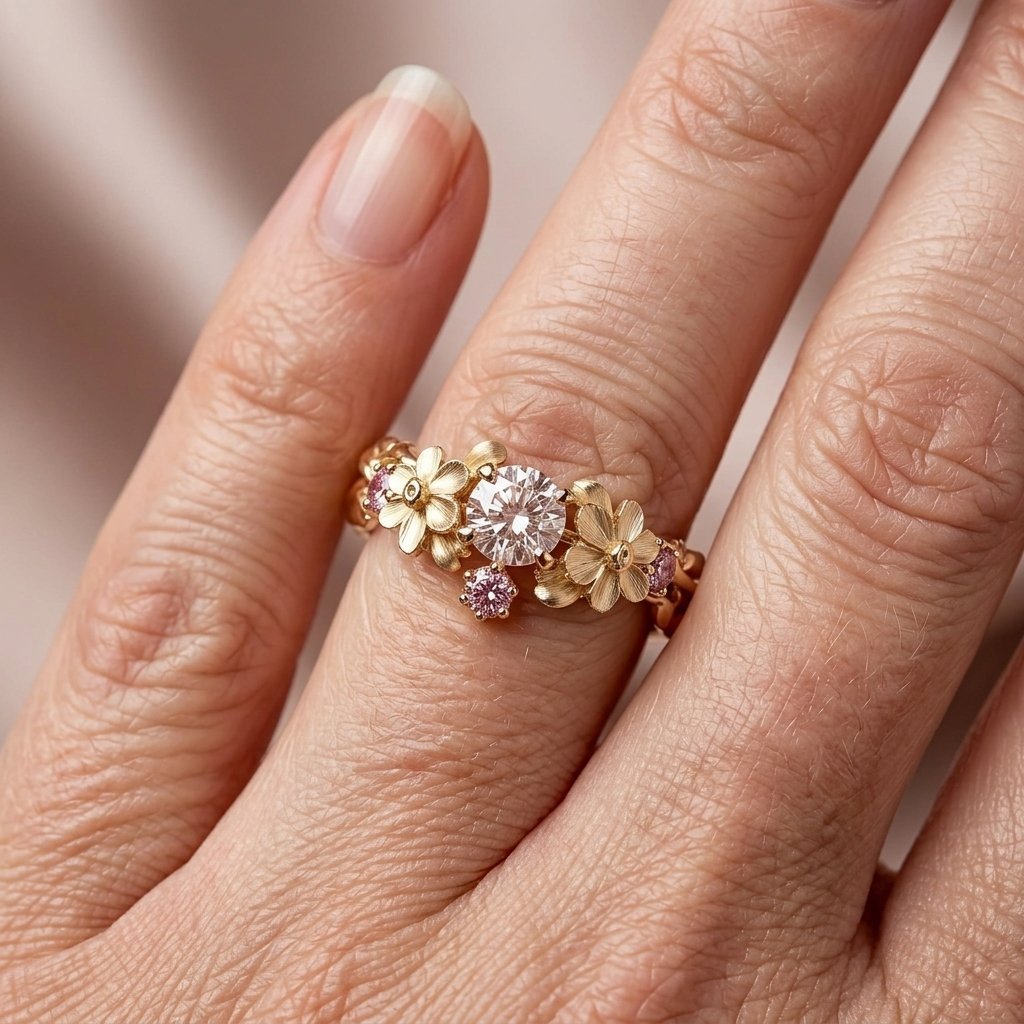 Vintage bloemenring met rond geslepen zirkonia