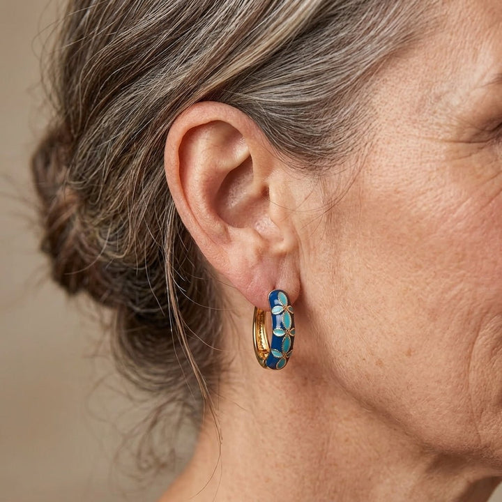 Vintage Enamel Flower Hoop Earrings