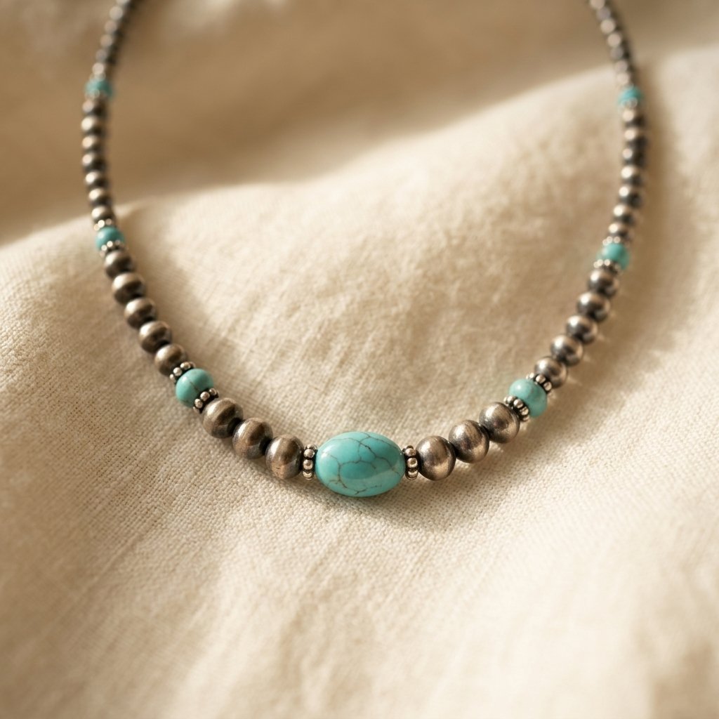 Vintage zilverkleurige kralenketting met groen turkoois