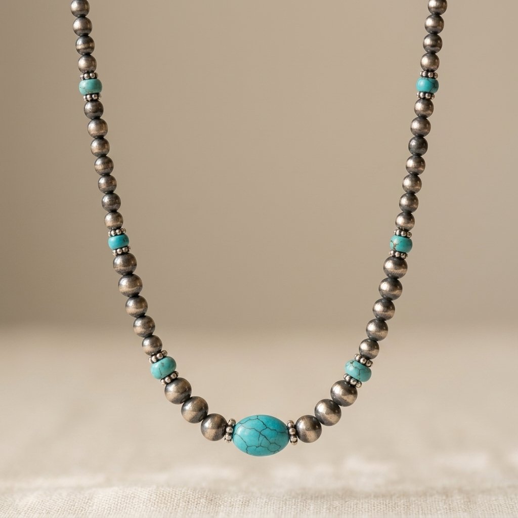 Vintage zilverkleurige kralenketting met groen turkoois