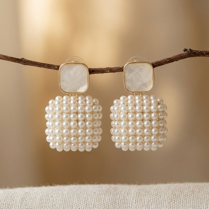 Art Deco Gold Pearl Square Drop Earrings