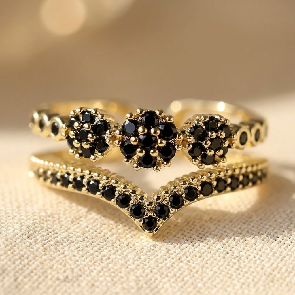 Zwarte dubbellaags V-vormige statement ring
