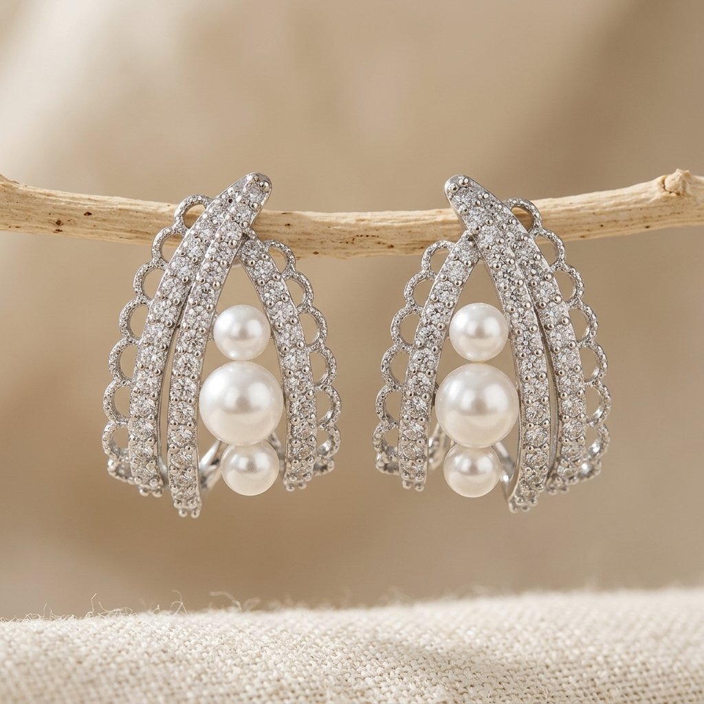 Elegante C-vormige oorbellen met parel en zirkonia