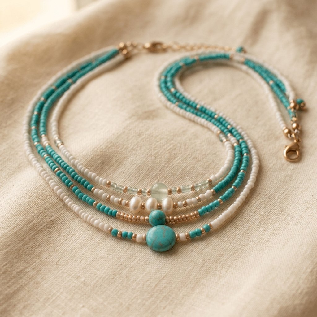Bohemian Turquoise Seed Bead Pearl Choker Necklace Set