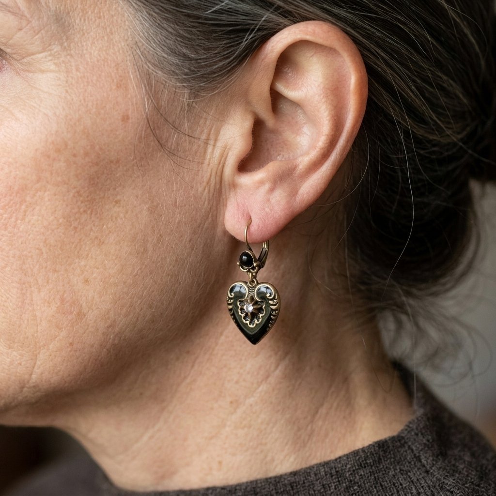 Gothic oorbellen met zwart email hart en synthetische zirkonia