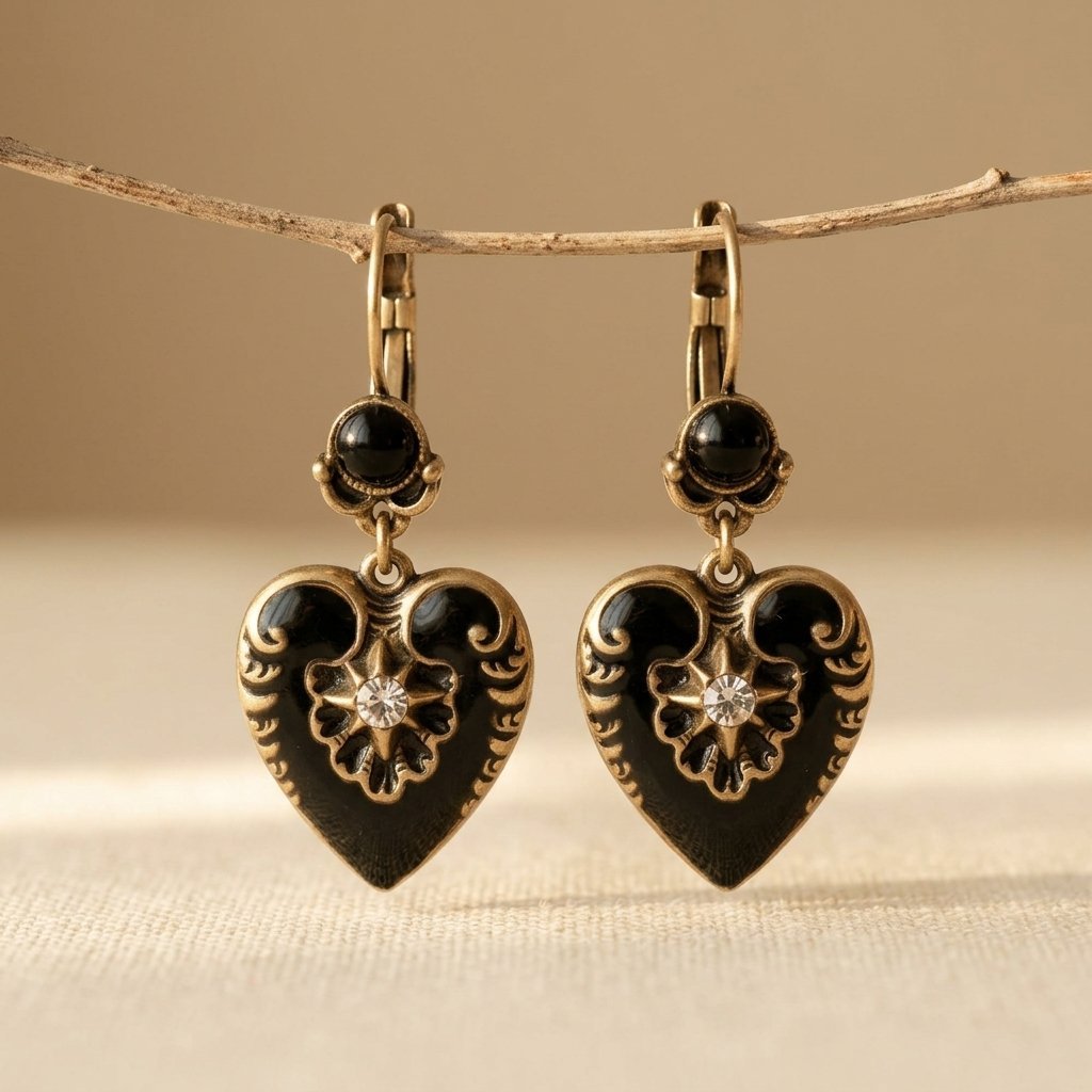 Gothic oorbellen met zwart email hart en synthetische zirkonia