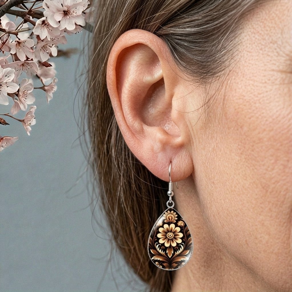 Floral Wood Dangle Teardrop Earrings