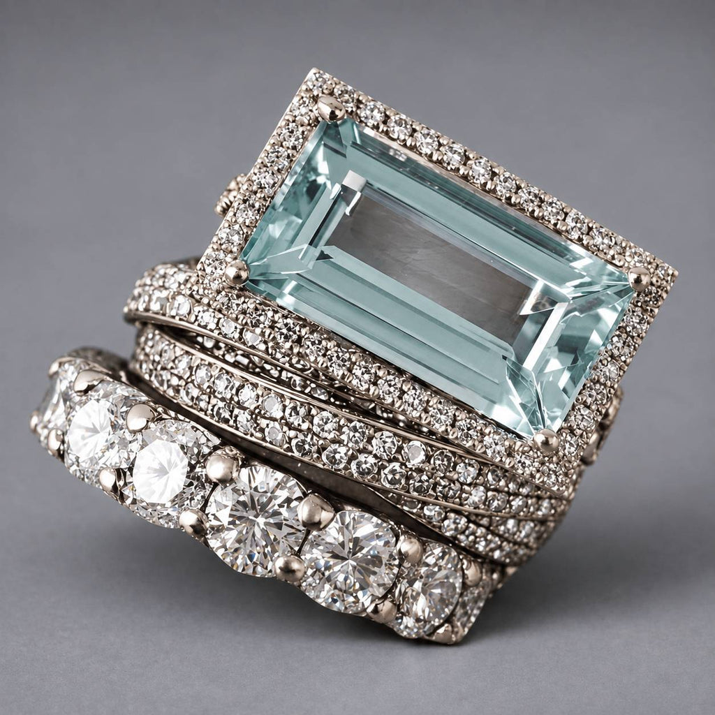 Vintage zilverkleurige stapelbare ringenset met turkooizen glas
