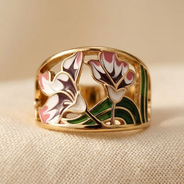 Bohemian Enamel Floral Wide Band Ring