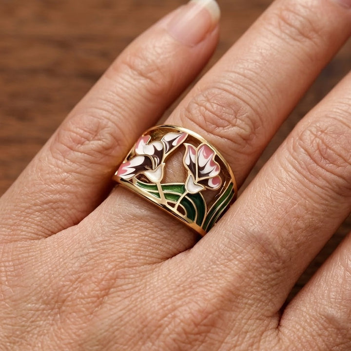 Bohemian Enamel Floral Wide Band Ring