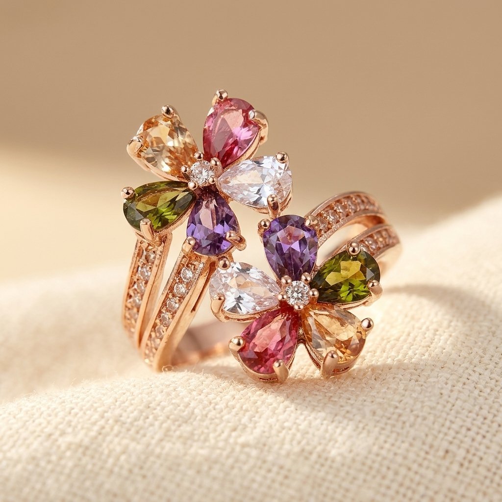 Boho dubbele bloem trouwring met synthetische zirkonia