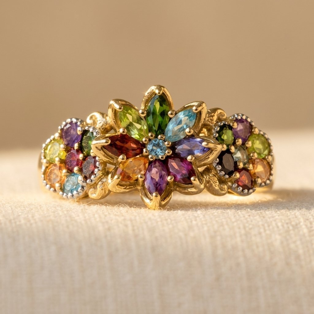 Meerkleurige synthetische zirkonia ring met bloemenrij