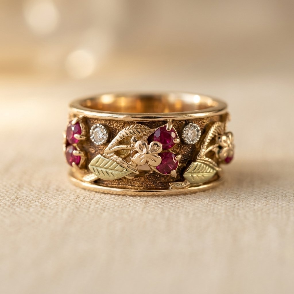 Stijlvolle vintage ring met gekleurde edelsteen in antiek goudkleurig