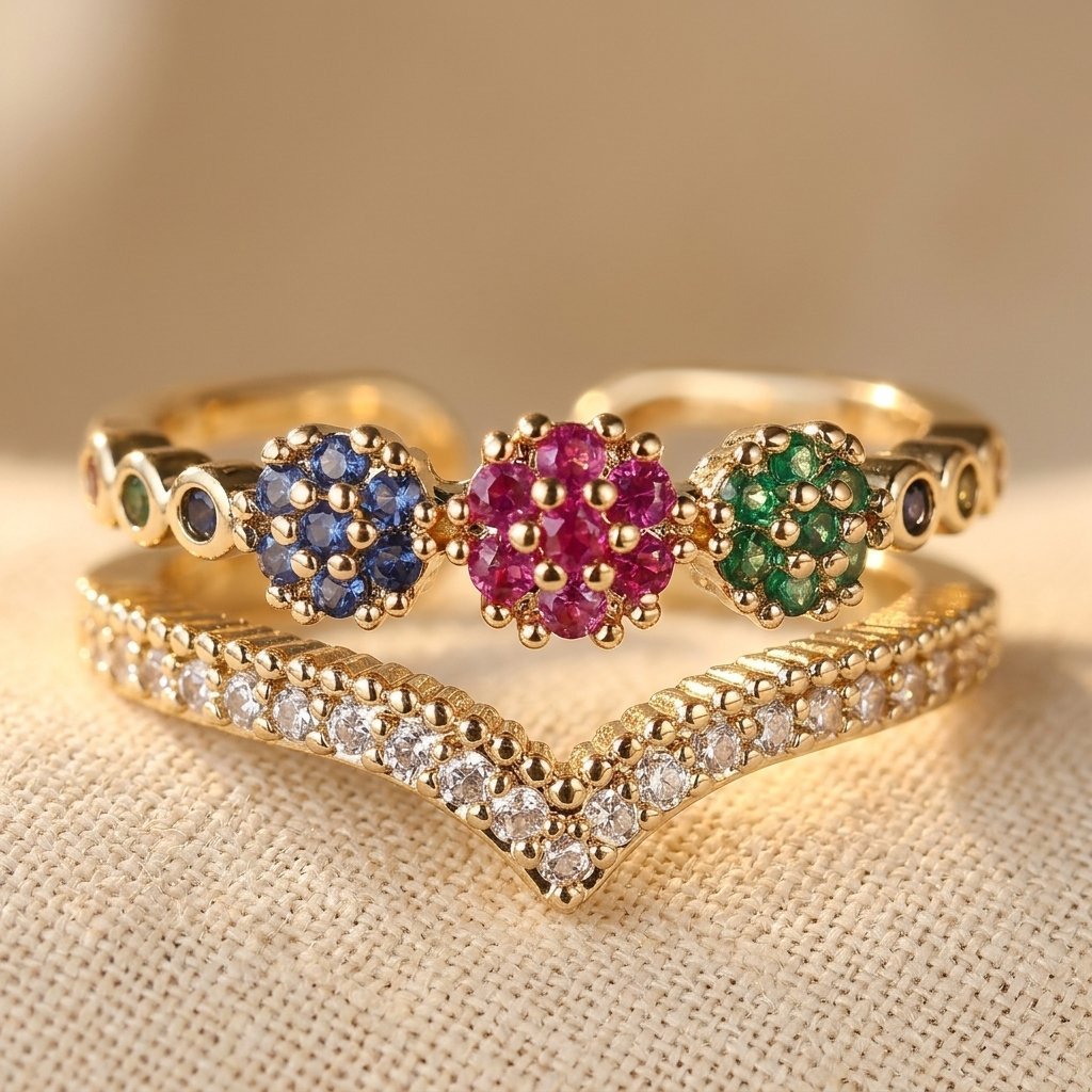 Elegante ring met meerkleurige synthetische zirkonia in vintage stijl