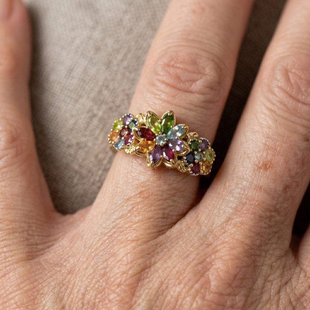 Meerkleurige synthetische zirkonia ring met bloemenrij