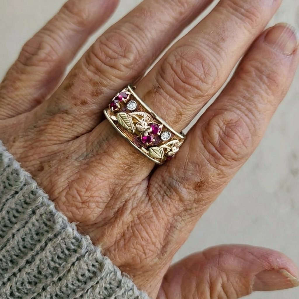 Stijlvolle vintage ring met gekleurde edelsteen in antiek goudkleurig