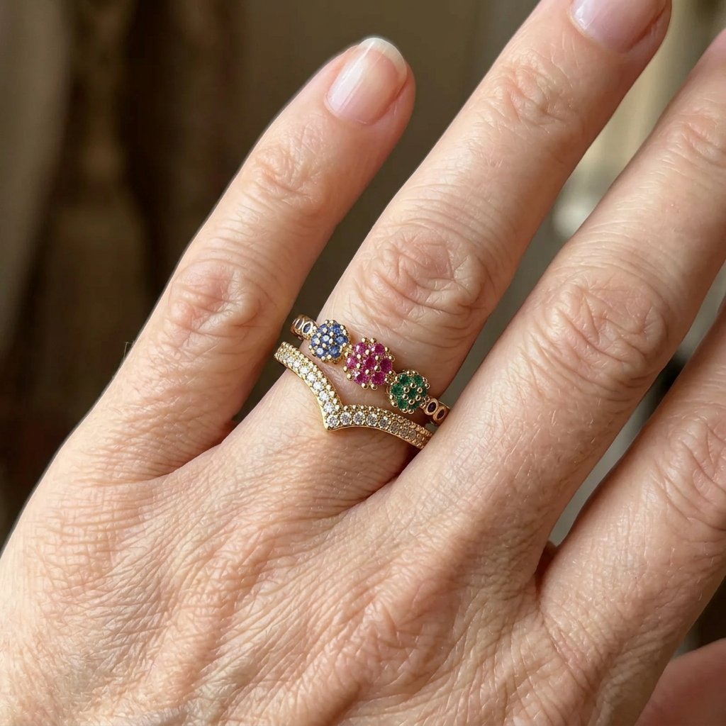 Elegante ring met meerkleurige synthetische zirkonia in vintage stijl