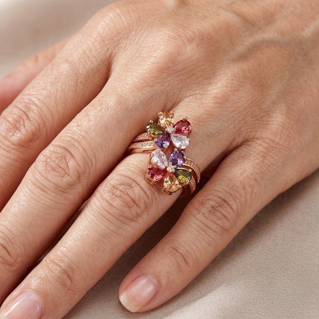 Boho dubbele bloem trouwring met synthetische zirkonia