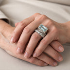 Vintage zilverkleurige stapelbare ringenset met turkooizen glas