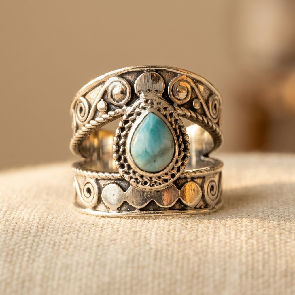 Vintage bohemien koperen ring met synthetisch turkoois
