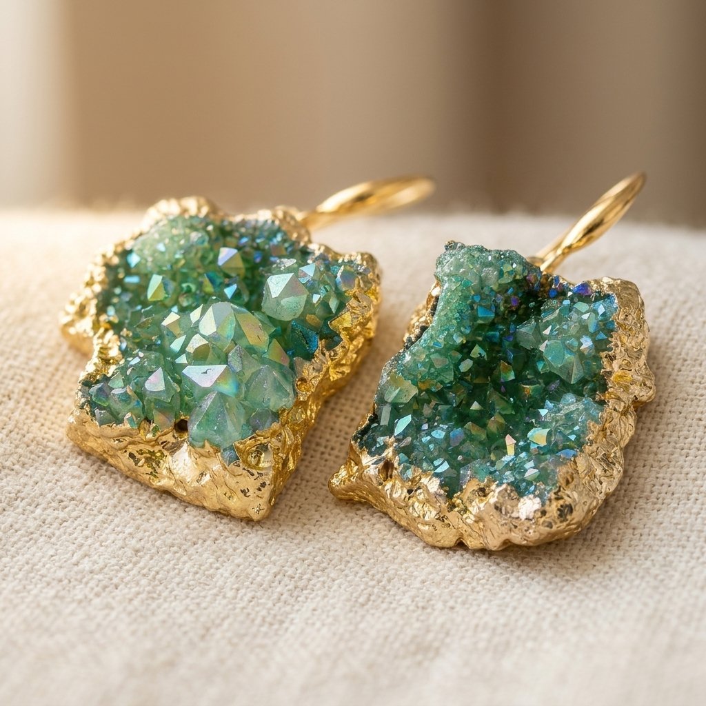 Elora oorbellen met ruwe groene aura kwarts druzy