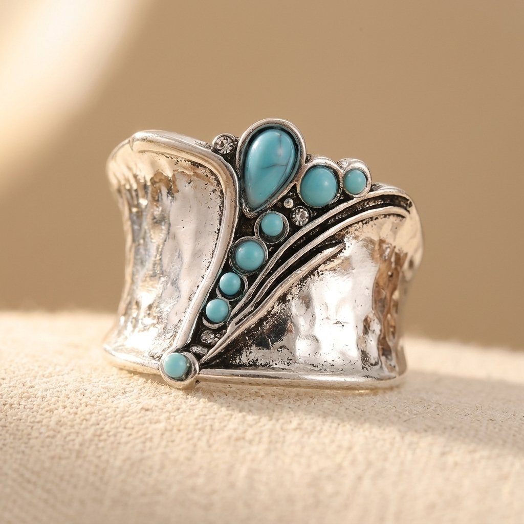 Brede ring met ingelegd synthetisch turkoois