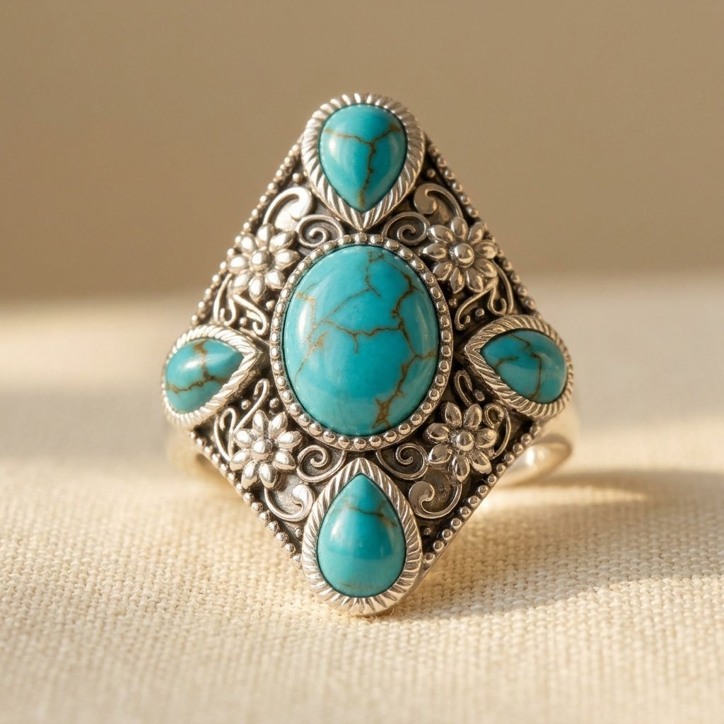 Turkooizen ring met kruis en sterrenmotief