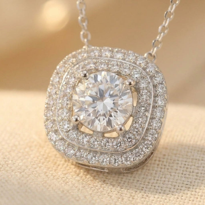 925 Sterling Silver Elegant Moissanite Necklace With Double Halo Design Necklace