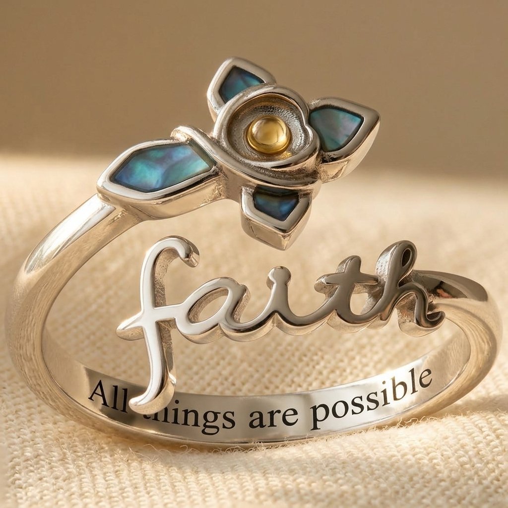 Zilverkleurige geloofskruis ring met mosterdzaad en abalone schelp