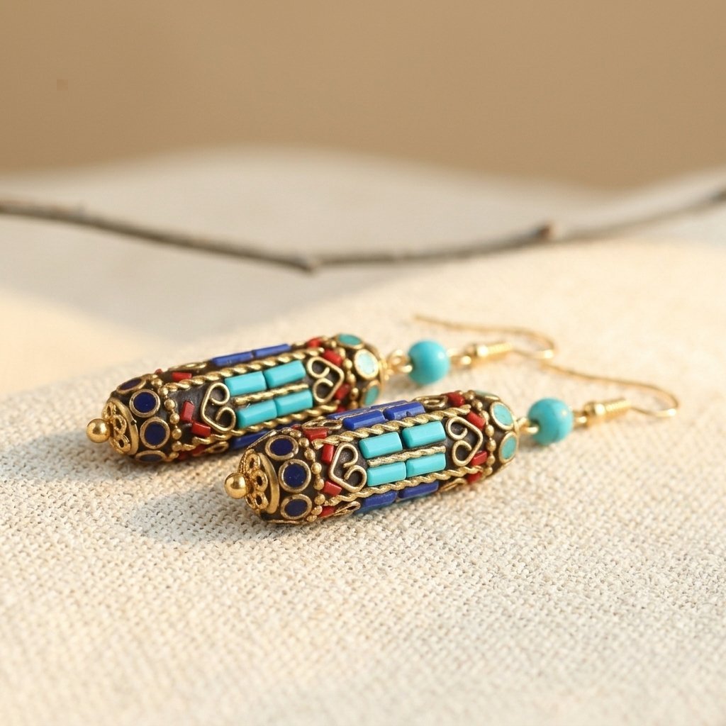 Turkooizen mozaïekkralen oorhangers in bohemien vintage stijl