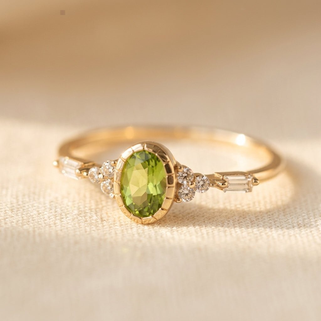 Elodie ring met ovale peridoot en baguette diamant in geelgoud