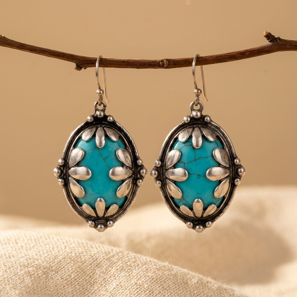 Elegante bohemien vintage ovale turkooizen oorbellen met wit