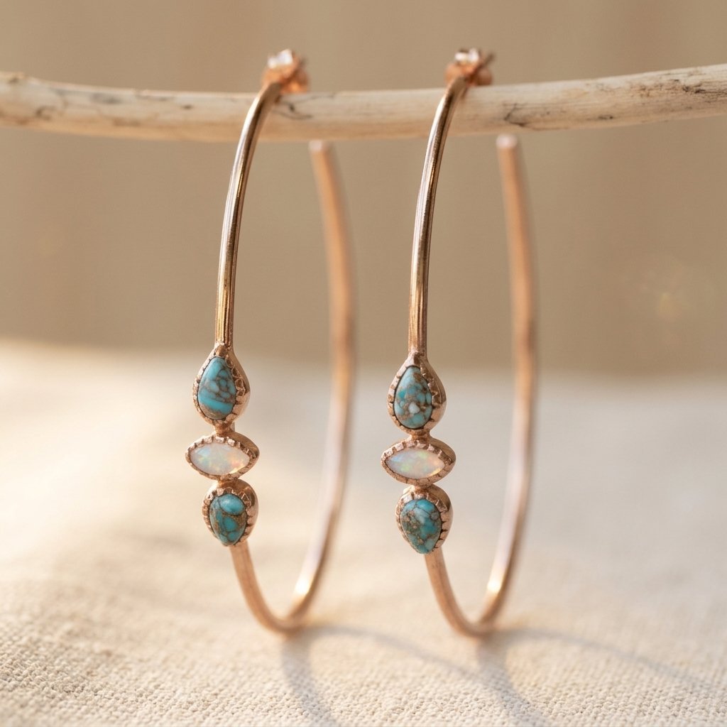 Turquoise Handmade Boho Hoop Stone Earrings
