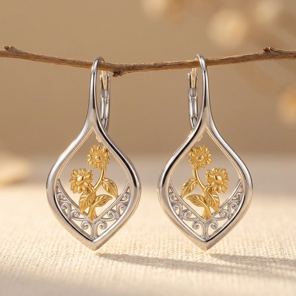 Zonnebloem oorbellen van 925 sterling zilver met filigrein, verguld