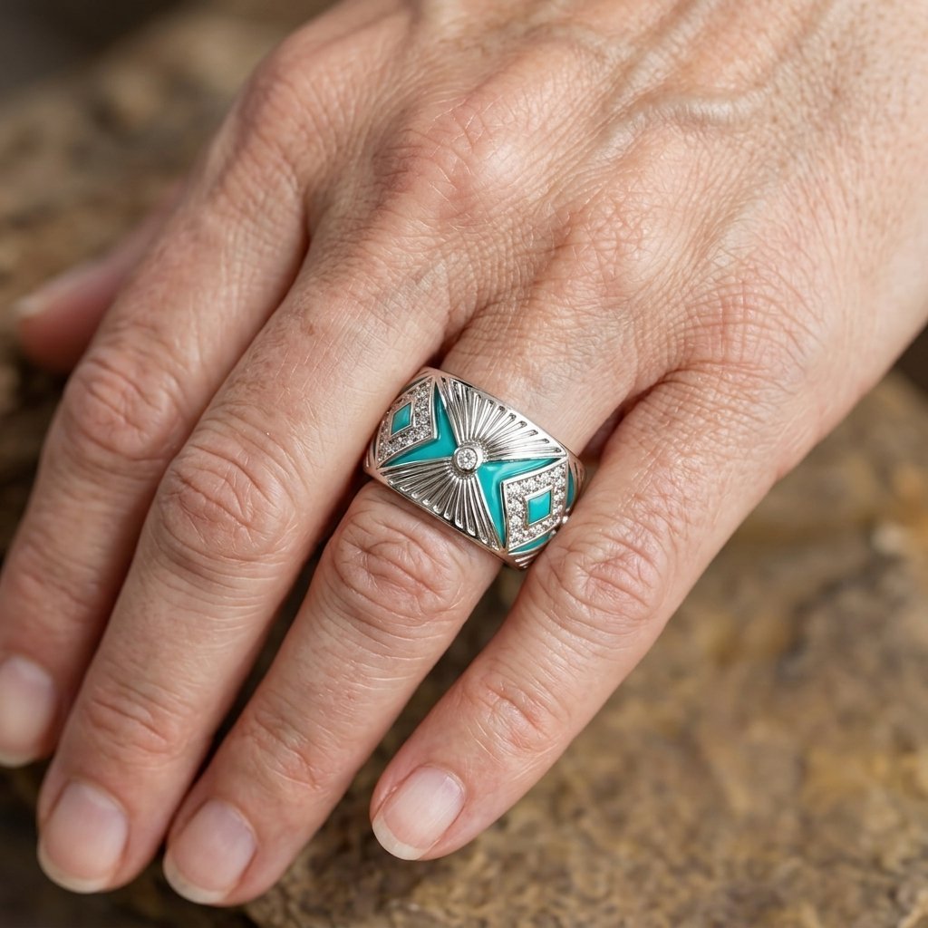 Brede bohemien vintage statement ring met turkooisblauw porselein