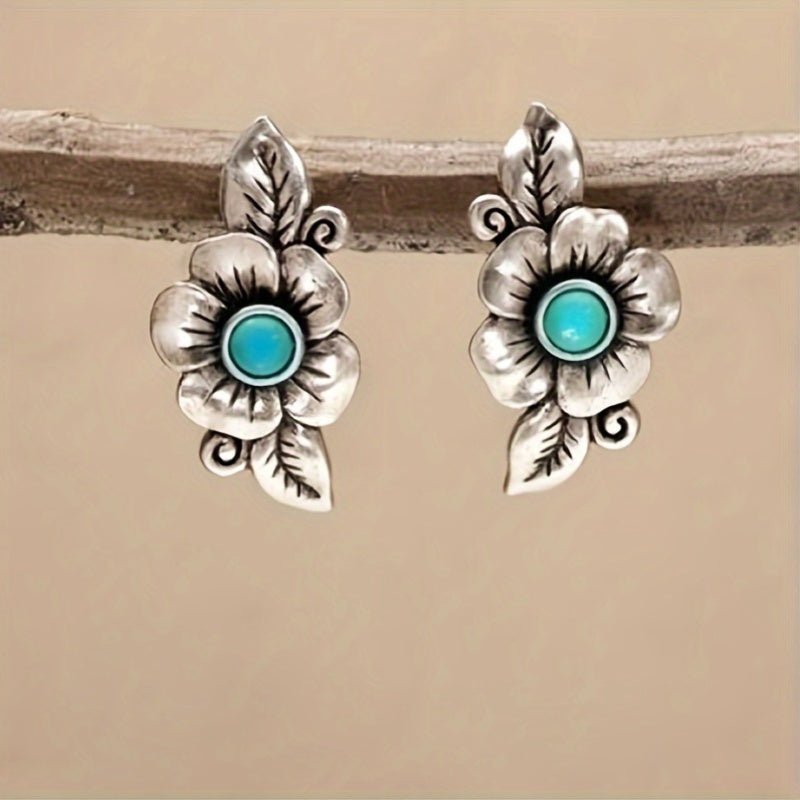 Turkooizen oorbellen met bloem en blad in vintage stijl