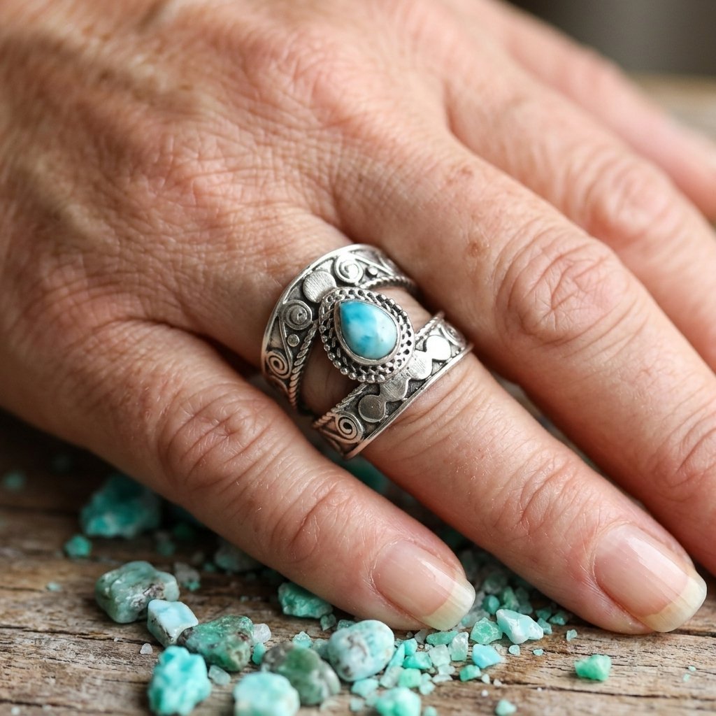 Vintage bohemien koperen ring met synthetisch turkoois