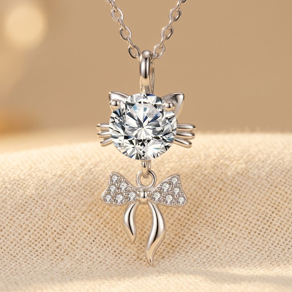 Elegante 925 sterling zilveren ketting met moissaniet kattenhanger
