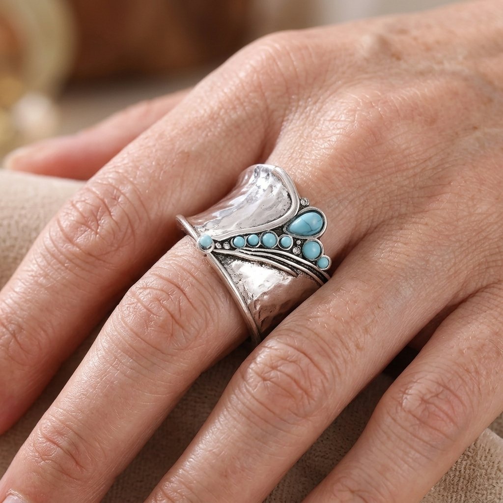 Brede ring met ingelegd synthetisch turkoois