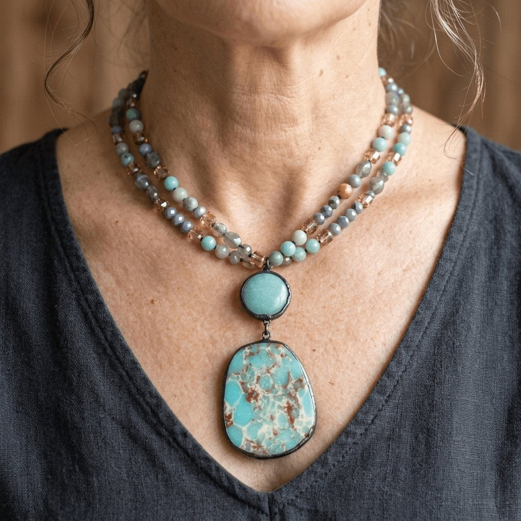 Vintage boho ketting met natuurstenen hanger
