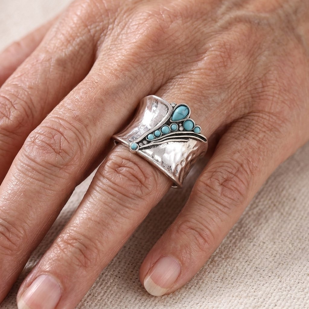 Brede ring met ingelegd synthetisch turkoois