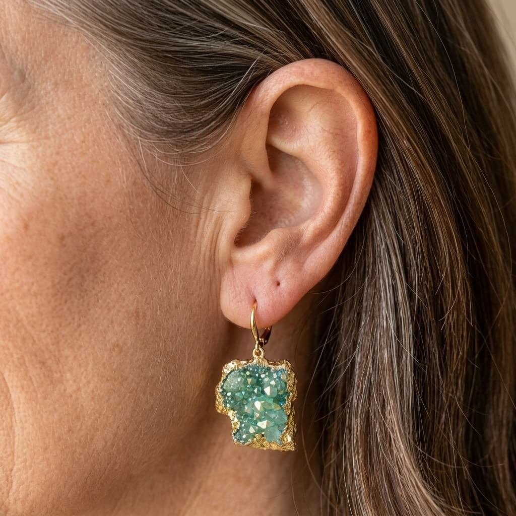 Elora oorbellen met ruwe groene aura kwarts druzy