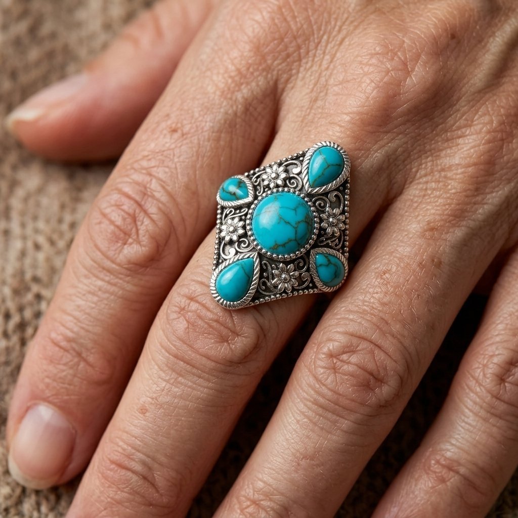 Turkooizen ring met kruis en sterrenmotief