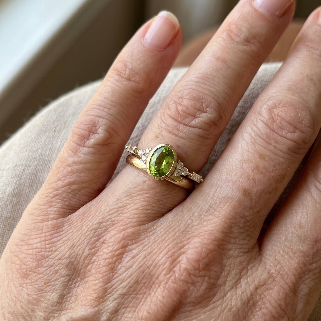 Elodie ring met ovale peridoot en baguette diamant in geelgoud