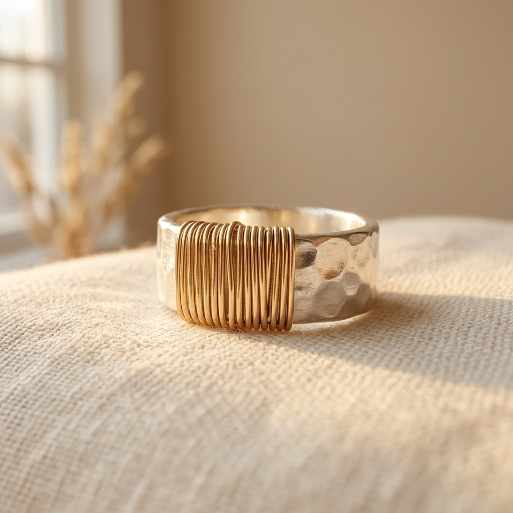 Gehamerde zilver- & goudkleurige ambachtelijke draad statement ring