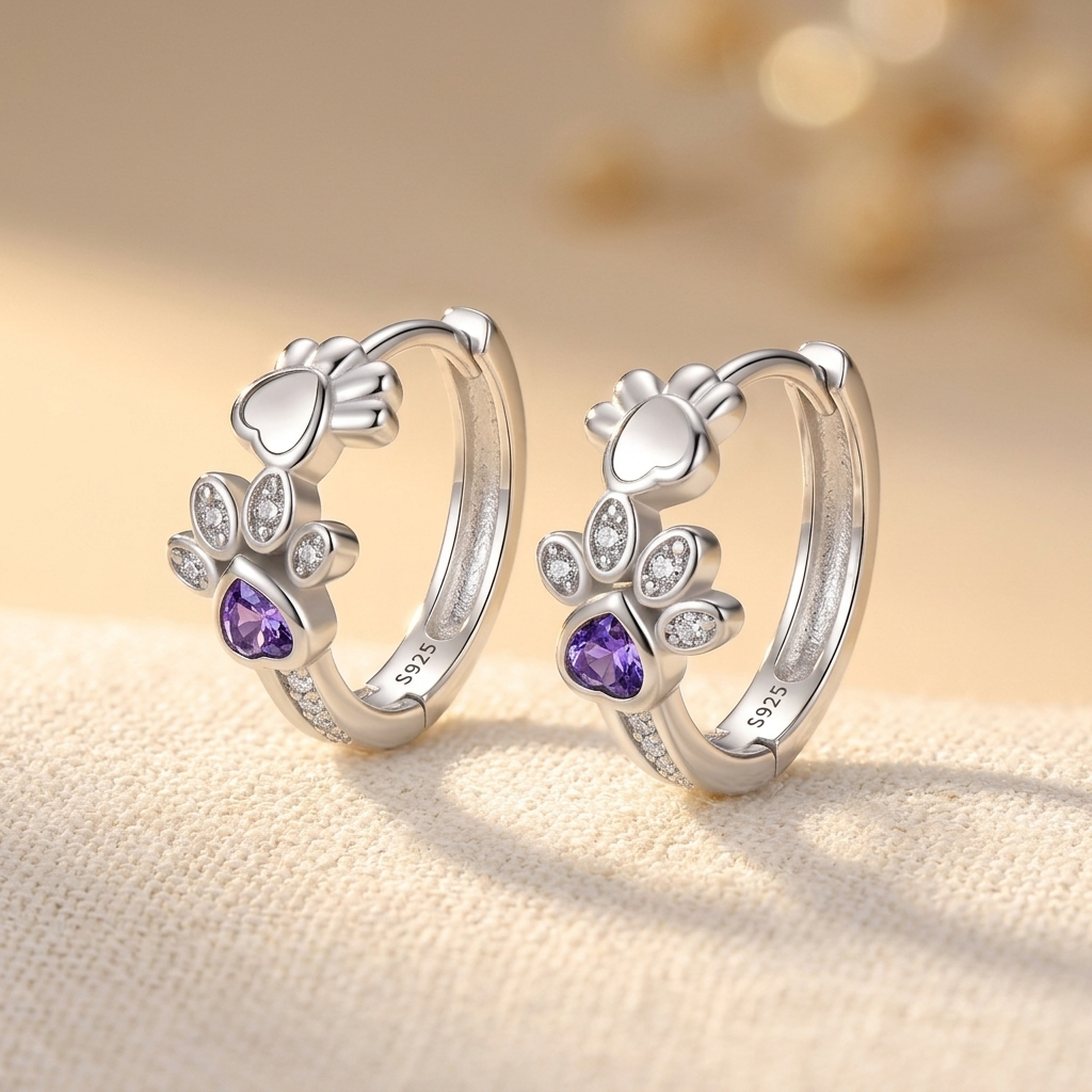 Paw Huggie silver earrings with cubic zirconia and heart-shaped gemstone